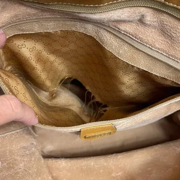 Gucci Vintage Trapezoid Canvas Logo Monogram Tan Gold Leather Tote Bag - Picture 6 of 15